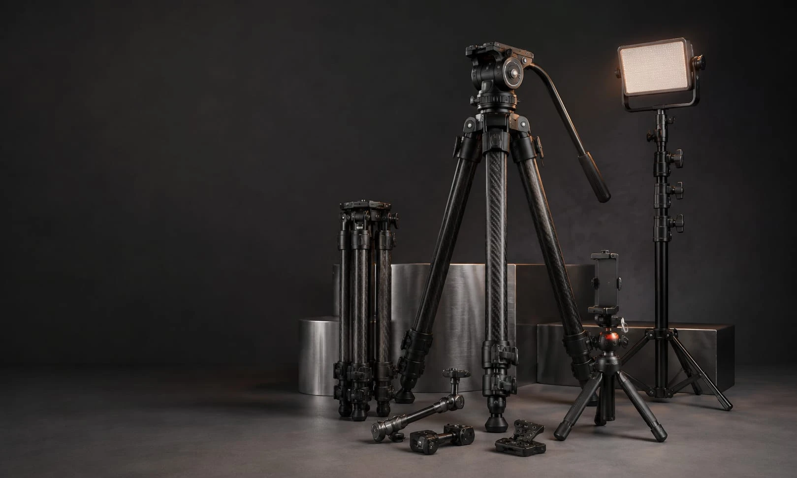 Camera tripods, heads, phone supports, and rigging accessories