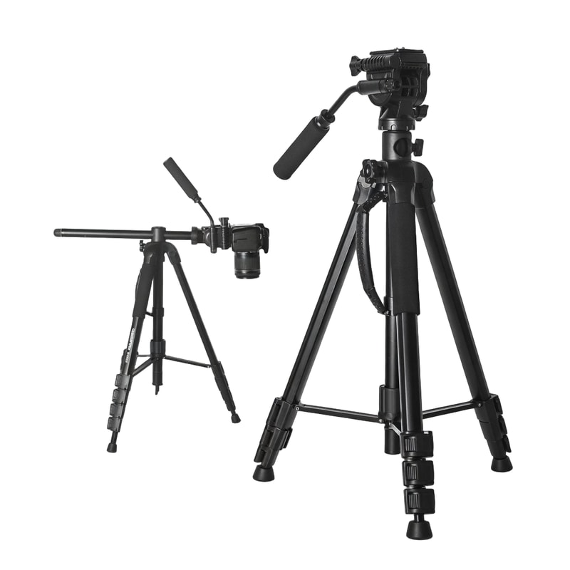 Horizontal-Column Camera Tripod with Fluid Head