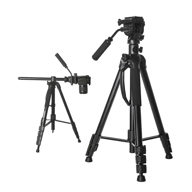 Horizontal-Column Camera Tripod with Fluid Head