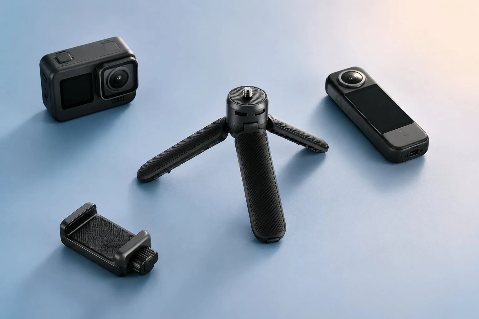 MT09 and MT12 mini tripods arranged with an action camera, handheld camera, and phone clamp