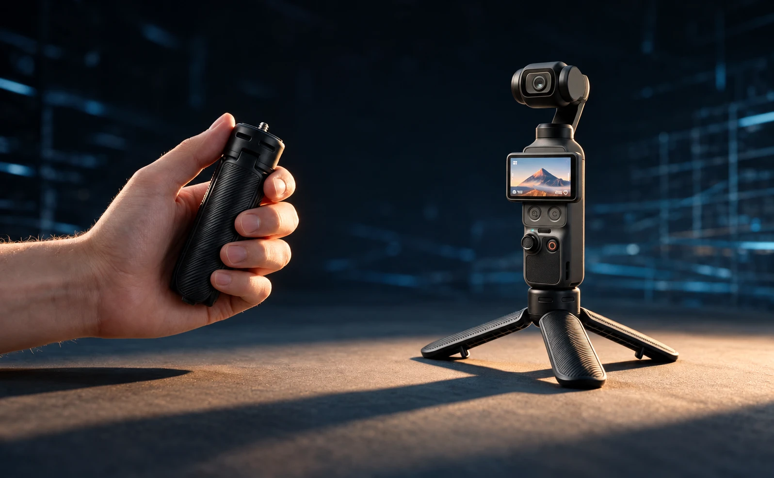 Compact camera mounted on the mini tripod beside a hand-held folded tripod